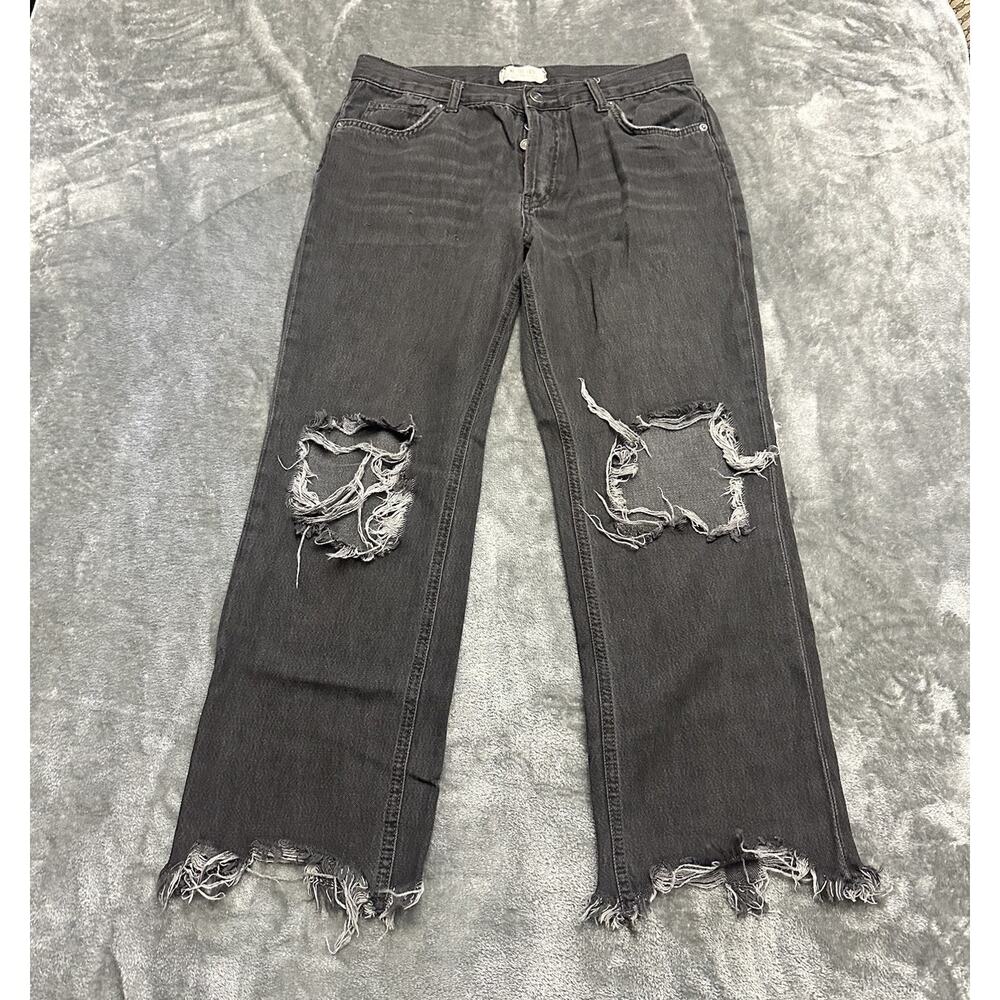 We‎ The Free Jeans Women's Sz.28 Black Maggie Straight Jean Raw Hem Distressed